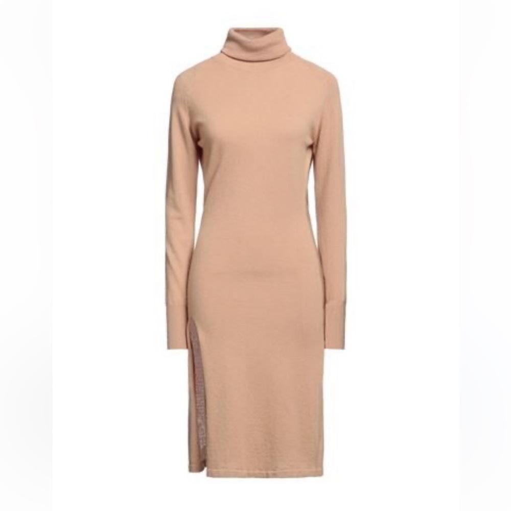 Knitted Dress Camel Tan Lightweight Turtleneck Long Sleeve Dress. OS